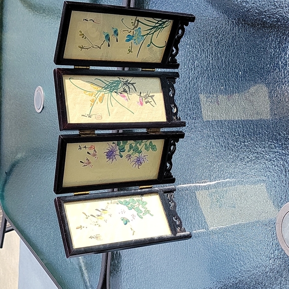 Other - Vintage Chinese 4 Panel Mini Screen Artist Hand Painted Silk Lacquer Wood Glass